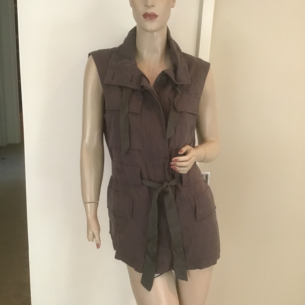 AllSaints Spitalfields Utility Vest Brown Sleeveless Military Jacket US 4 UK 8